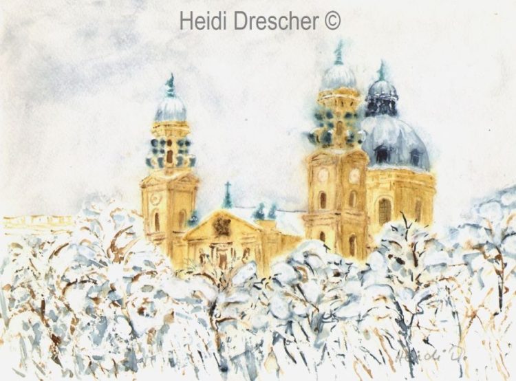 Blick auf Theatinerkirche - München Aquarell - Kunstpostkarte - Weihnachtskarte